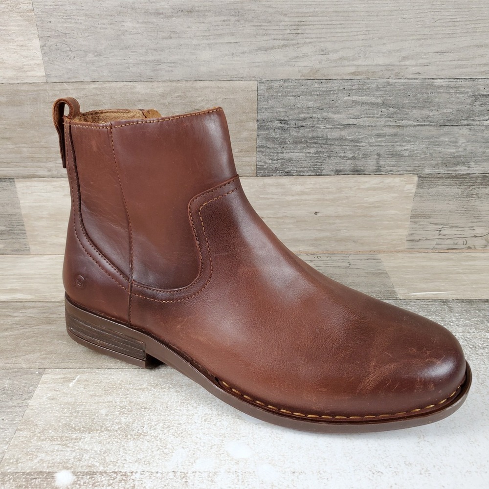 Born Reed Mens Boot Sz 9.5 Brown Leather Side Zipper Round Toe Comfort Mid-Top